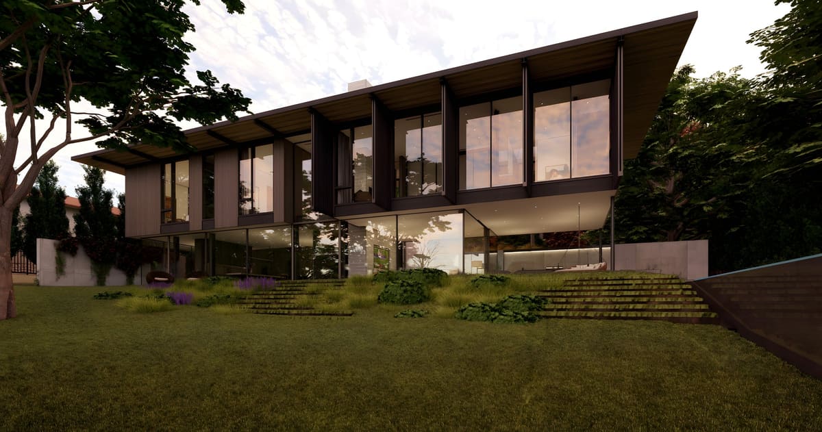 Bruton Springs Residence — A dark wood and glass residence under a dramatic cantilevered roof, with a kitchen opening to the garden through a full glass wall.