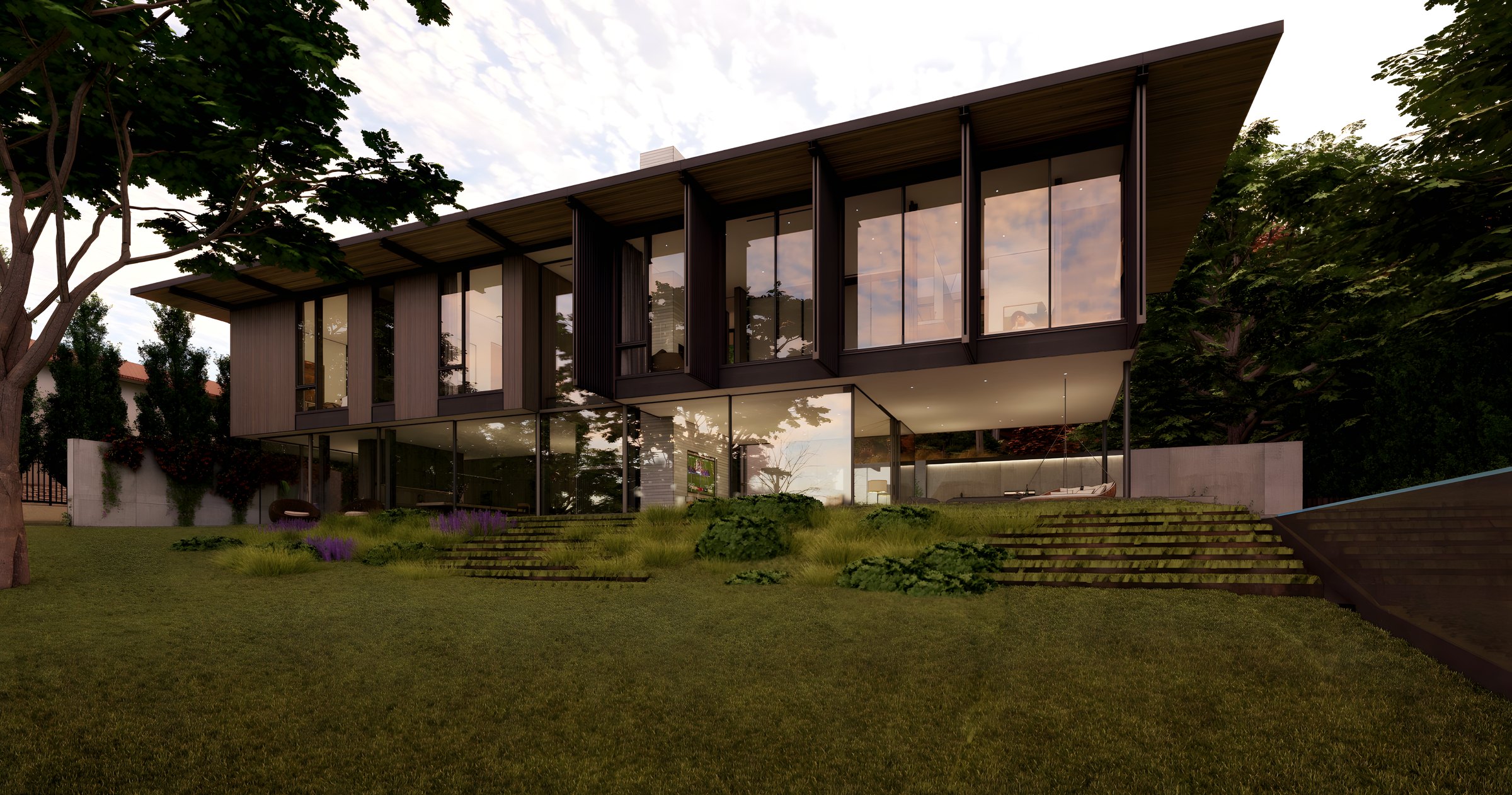 Bruton Springs Residence — cantilevered roof at dusk, A Parallel Architecture