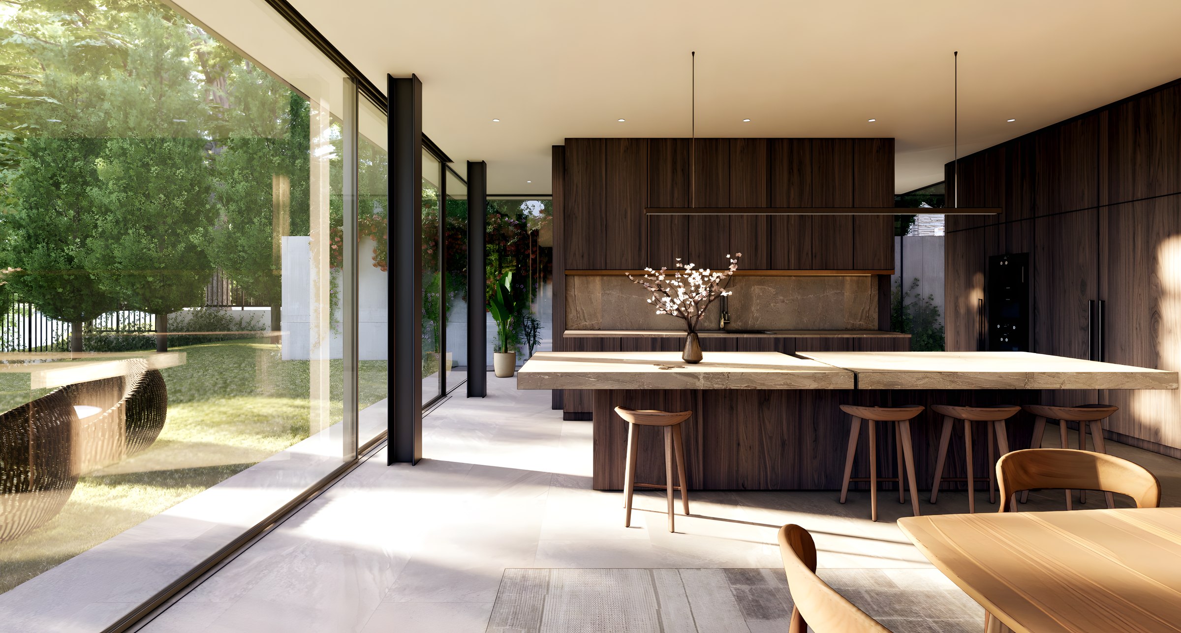 Warm wood interior with open glazing — engineered structure disappearing into architecture