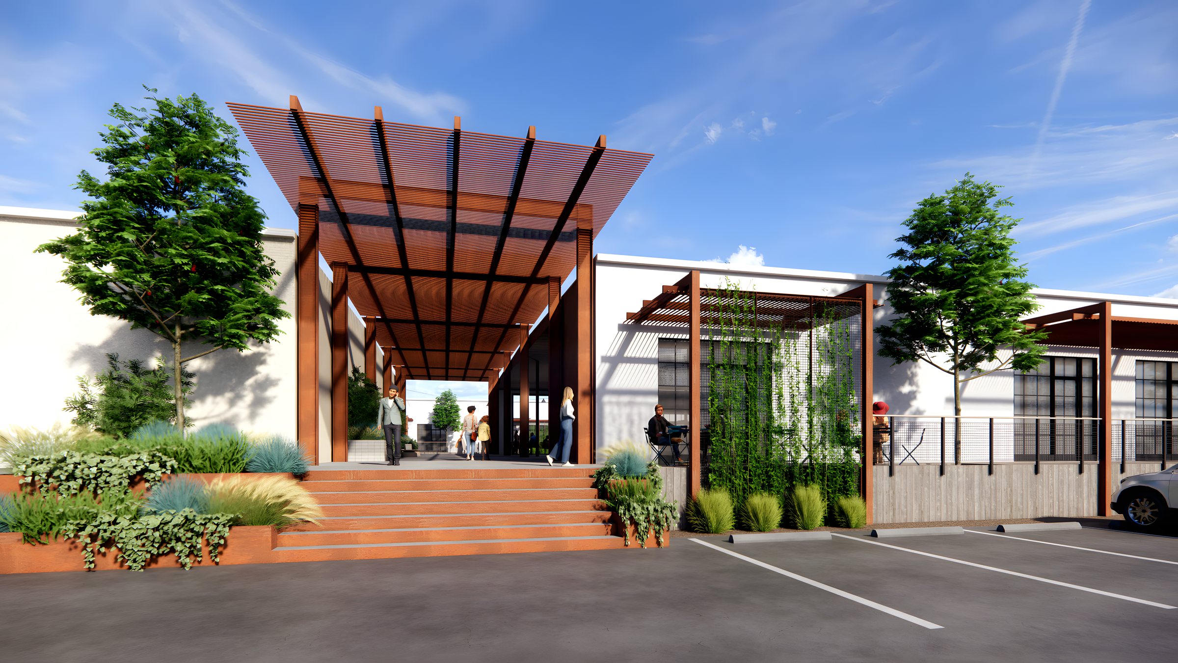 Burleson Road — corten pergola entry, Chioco Design