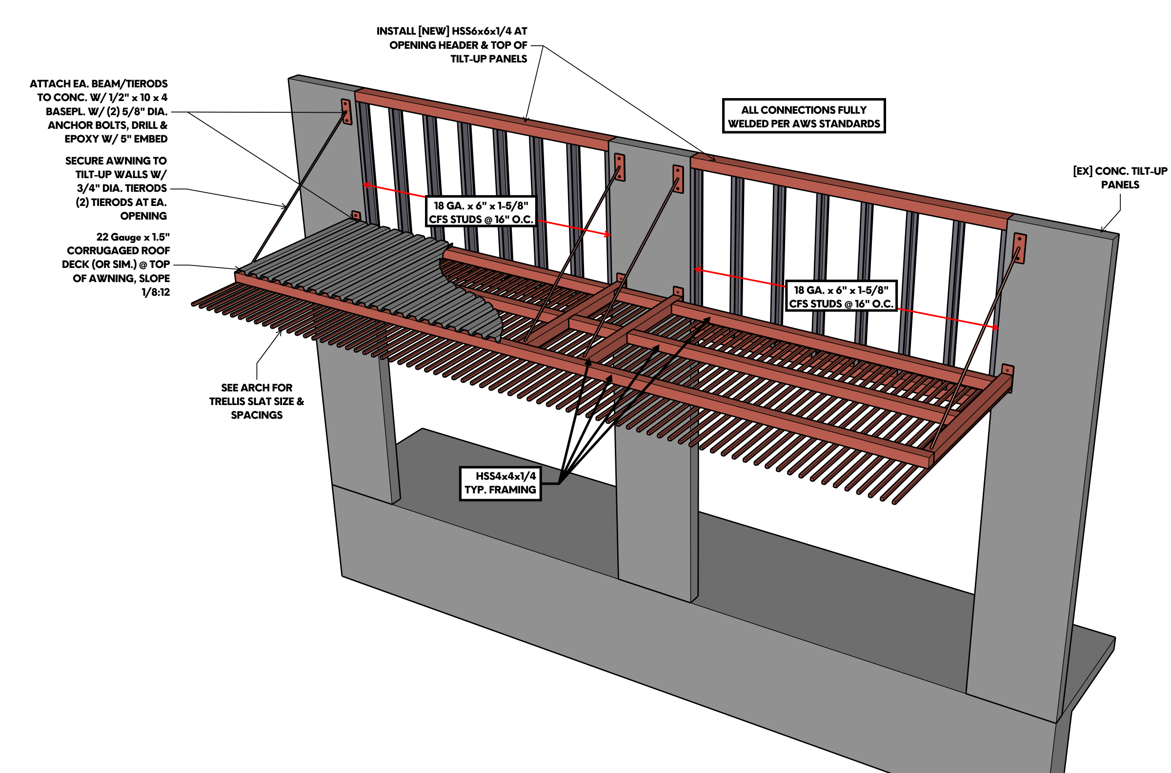 Burleson Road — steel awning and trellis framing detail at concrete tilt-up panels