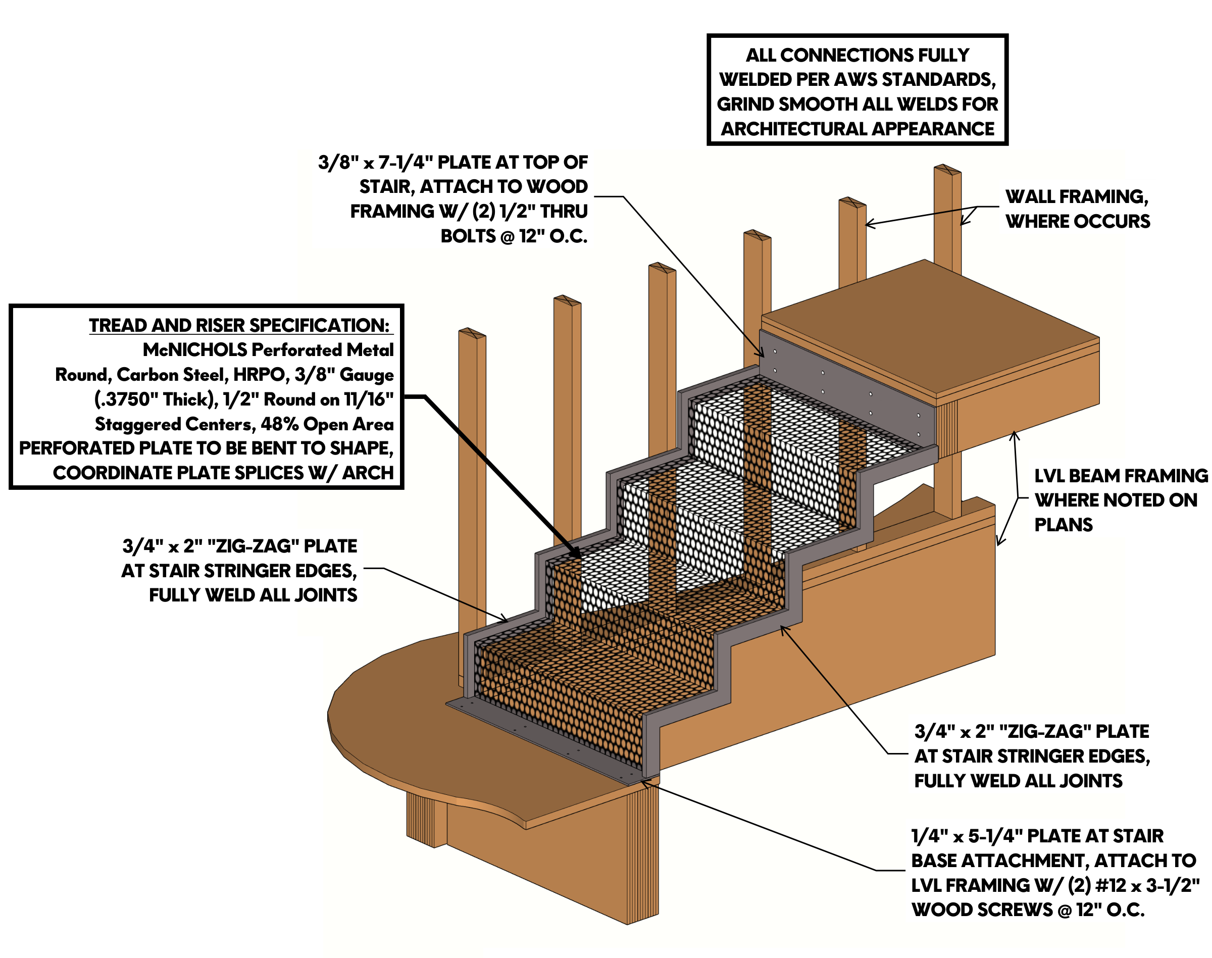 East Annie — perforated-steel stair connection detail, upper run 3D view
