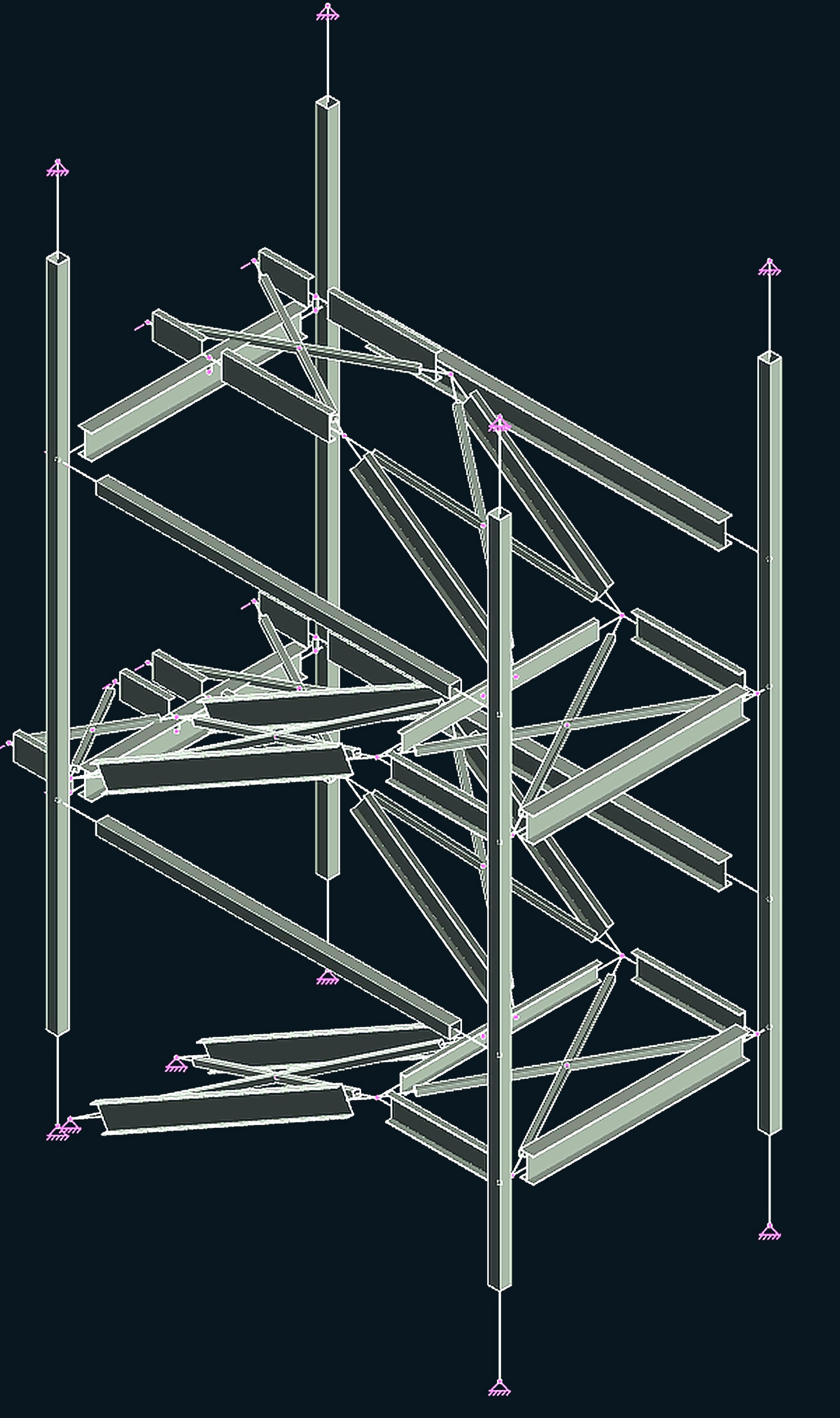 Dark analysis viewport: spiral stair structural wireframe model, shown in full