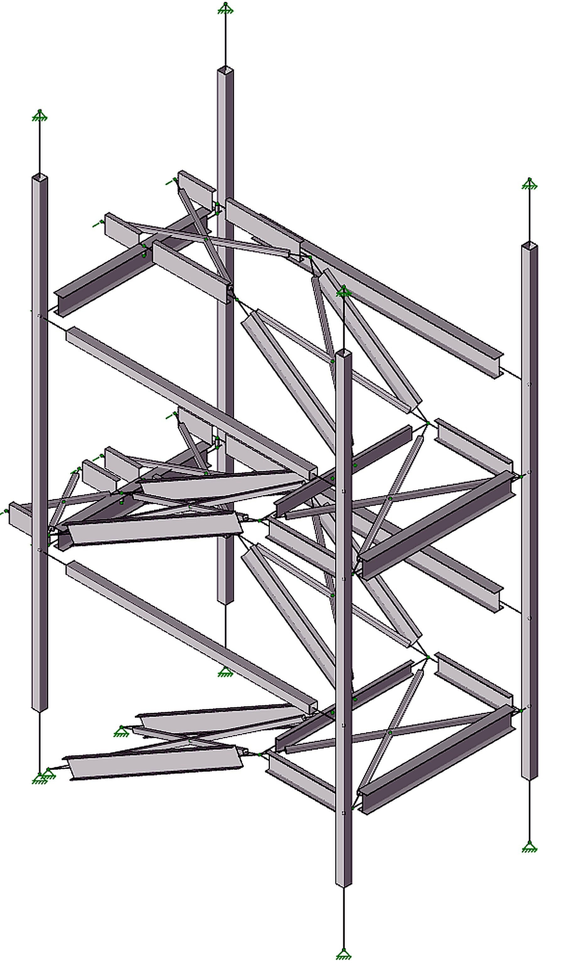 Mission Hill Stair — A sculptural steel egress stair carrying 100 psf on FRP grating, stamped for fabrication.