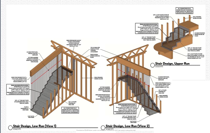 Stamped structural drawing sheet showing stair framing plans, sections, and connection details