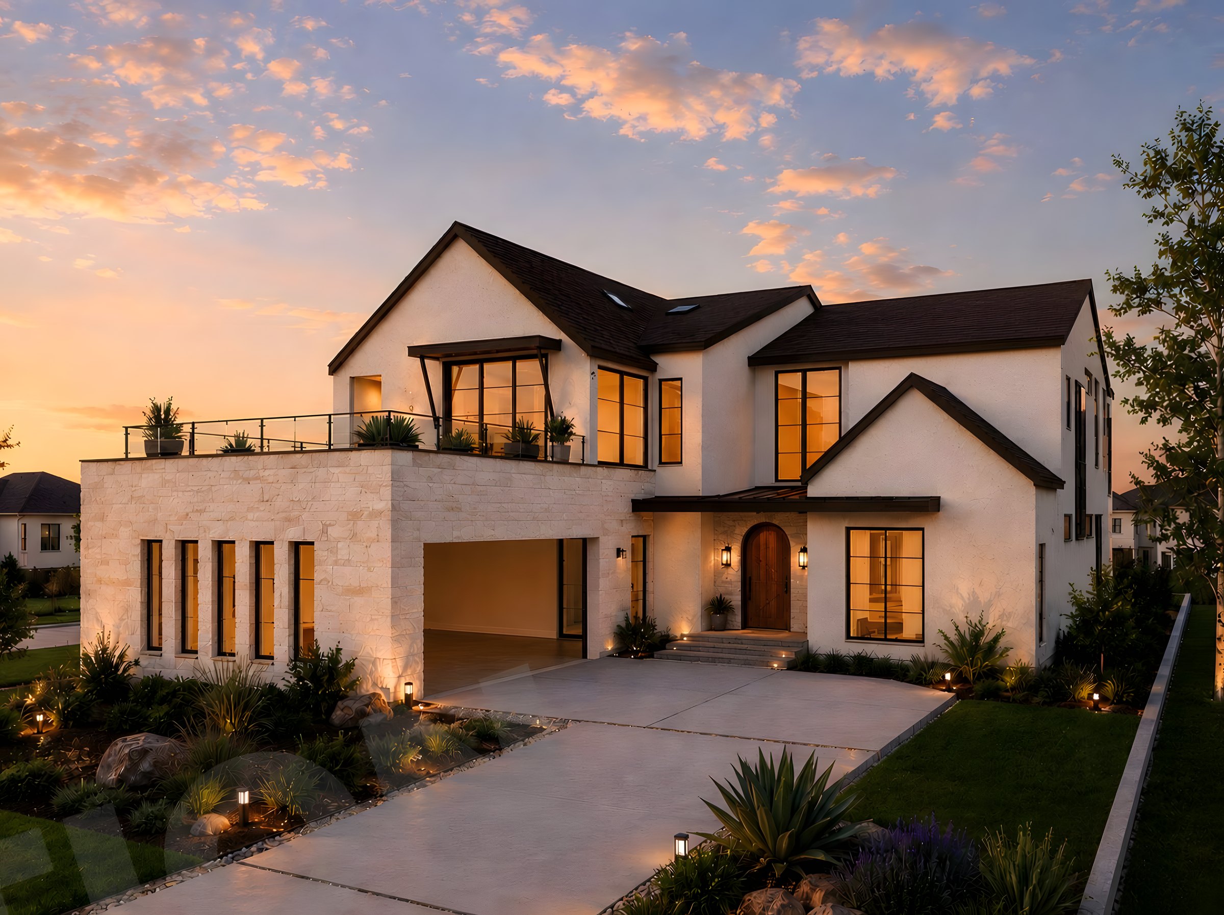 Enfield Residence — stone and stucco residence glowing at dusk