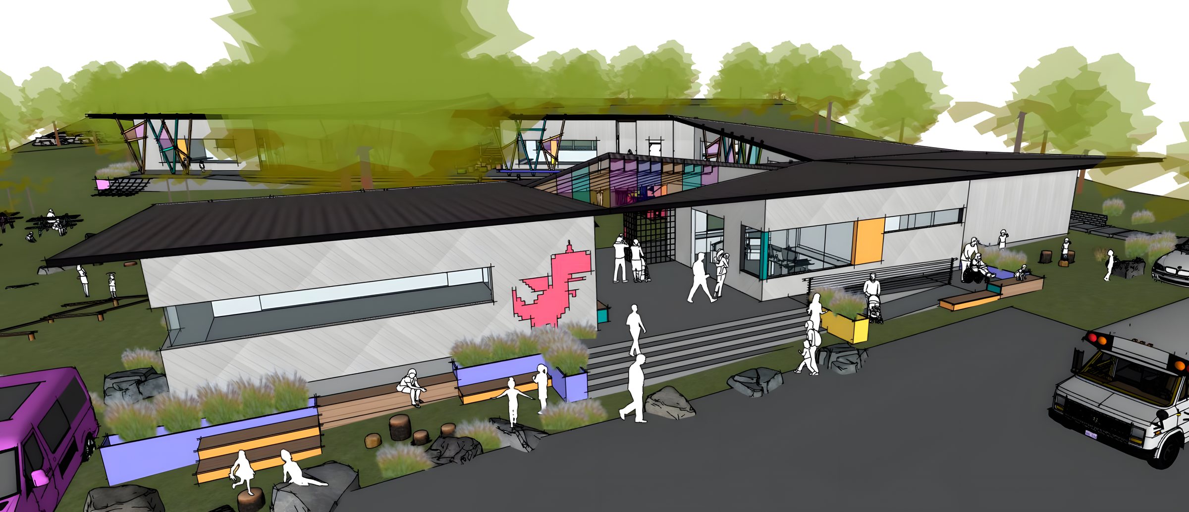 Figment Creative — expressive commercial building with angled black roofs and a playful entry, rendering