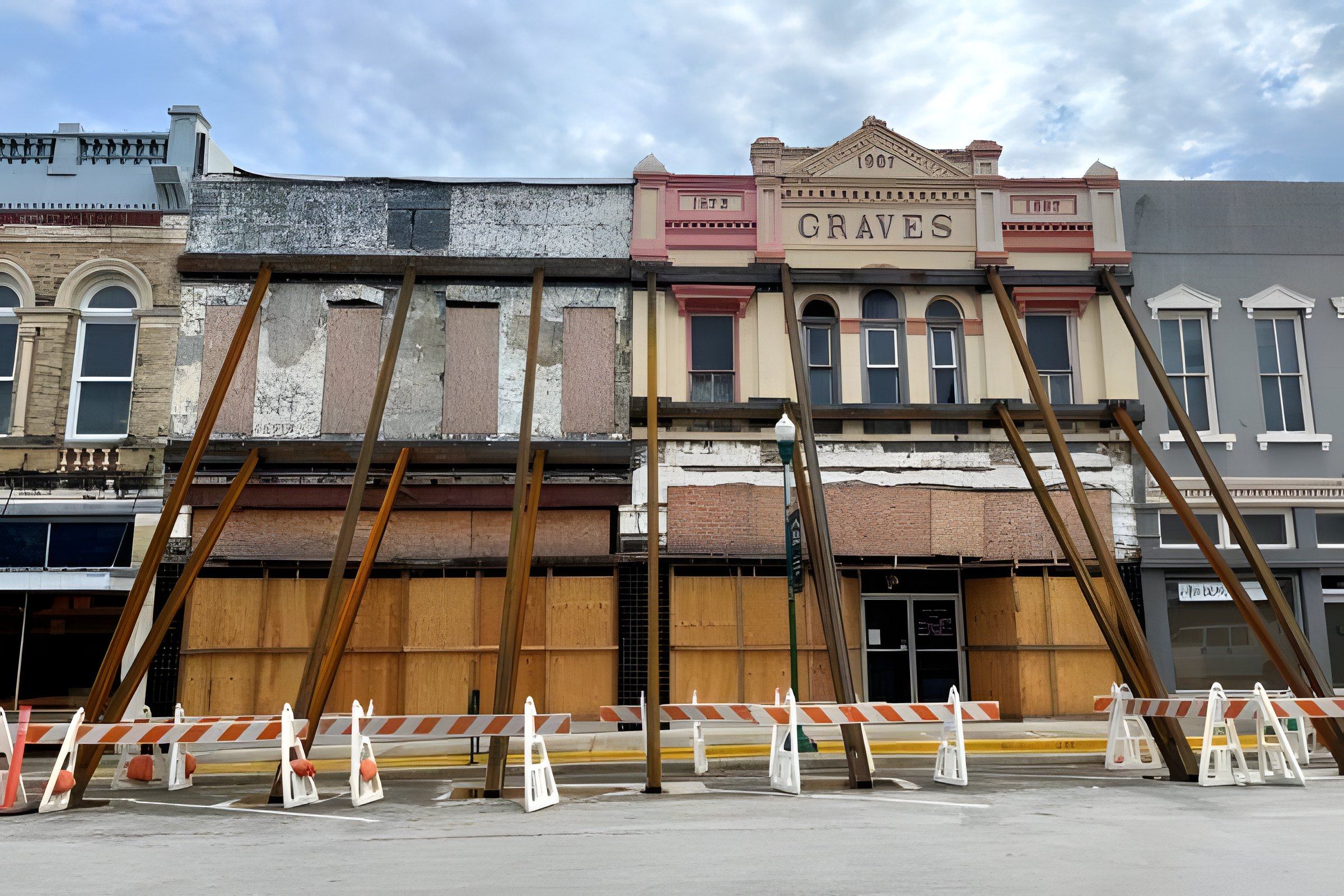 Graves Building — steel shoring towers bracing the historic facade during restoration, ArchiTexas