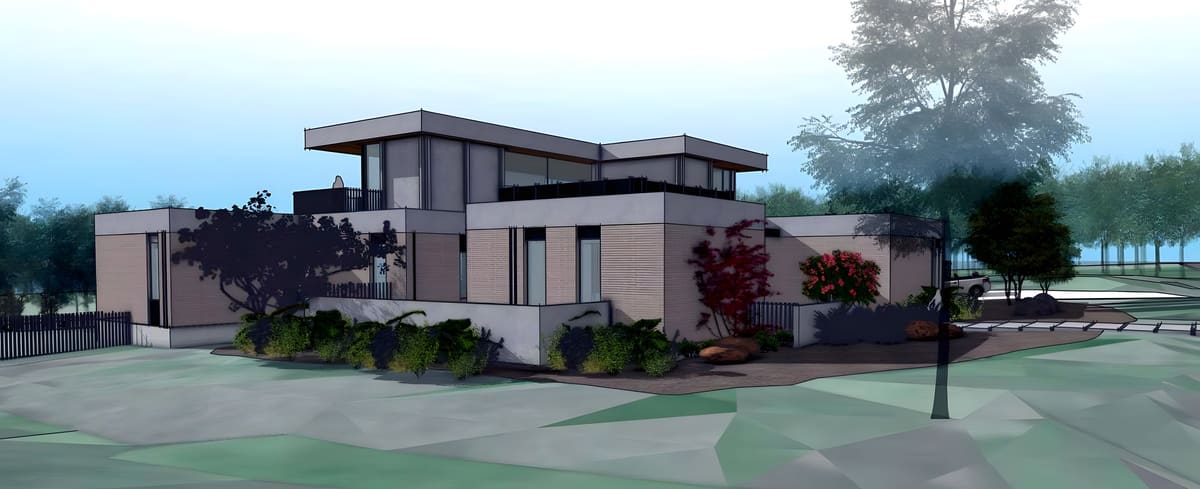 House of Joy — A wide modern residence engineered from foundation through roof, with structure sized to keep the long elevation calm and unbroken.