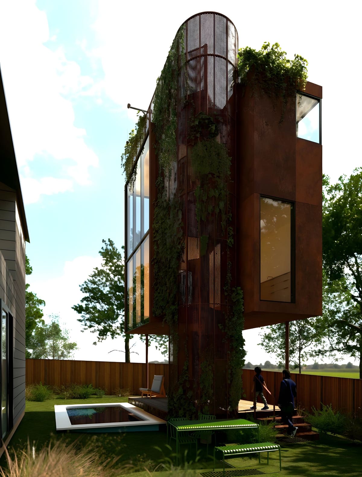 JW Tower — A vine-covered corten tower with a spiral mesh stair — a small structure with an outsized structural story.