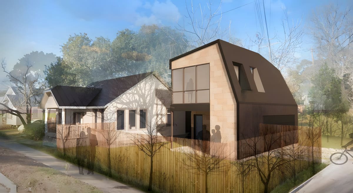 Longview — A gambrel barn-form addition behind an existing bungalow — new structure engineered to respect the old.