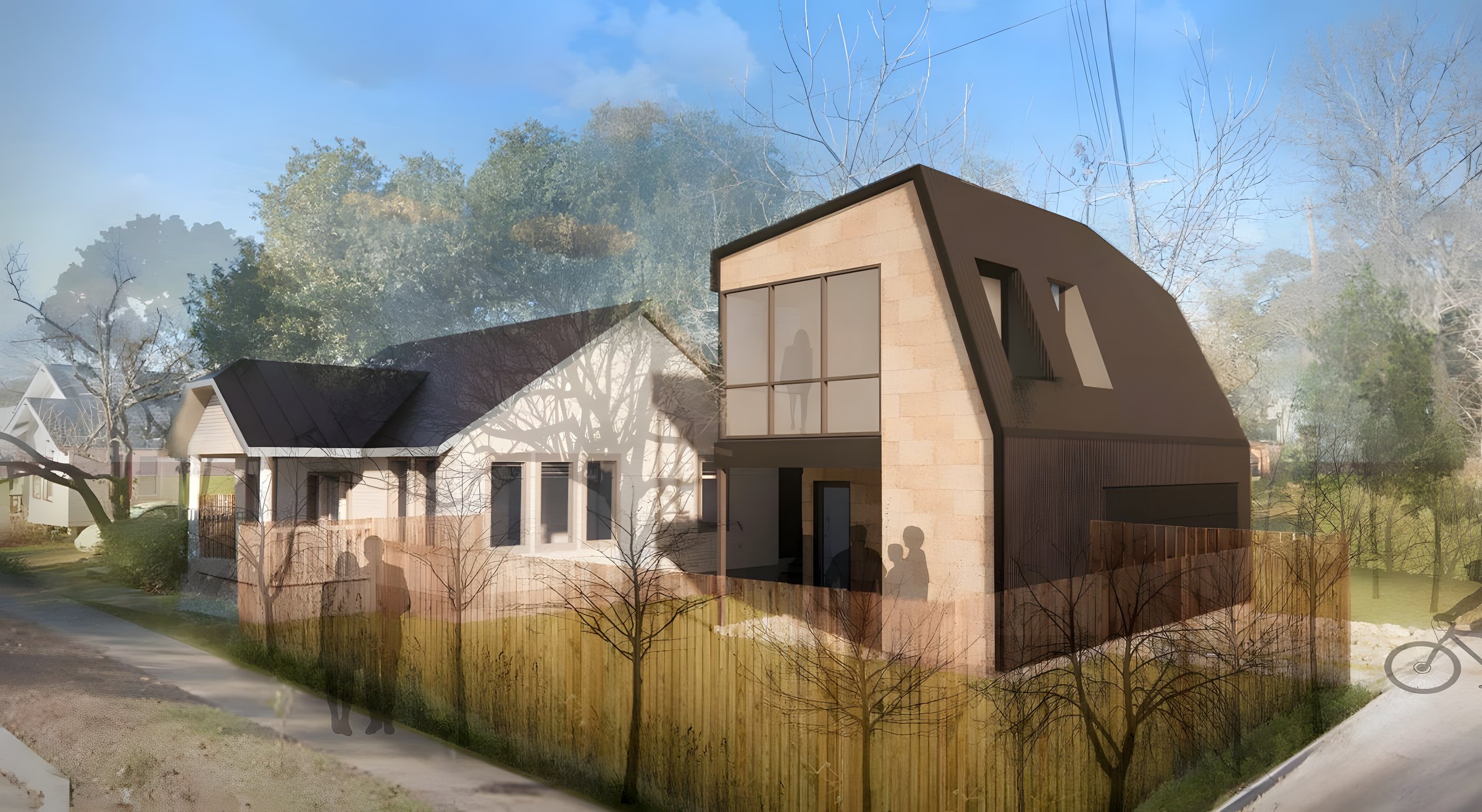 Longview — A gambrel barn-form addition behind an existing bungalow — new structure engineered to respect the old.