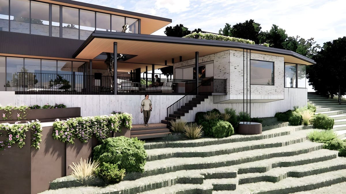Lorradeux — A hillside stone and glass residence — structure engineered to hold heavy material and open views on a sloped site.