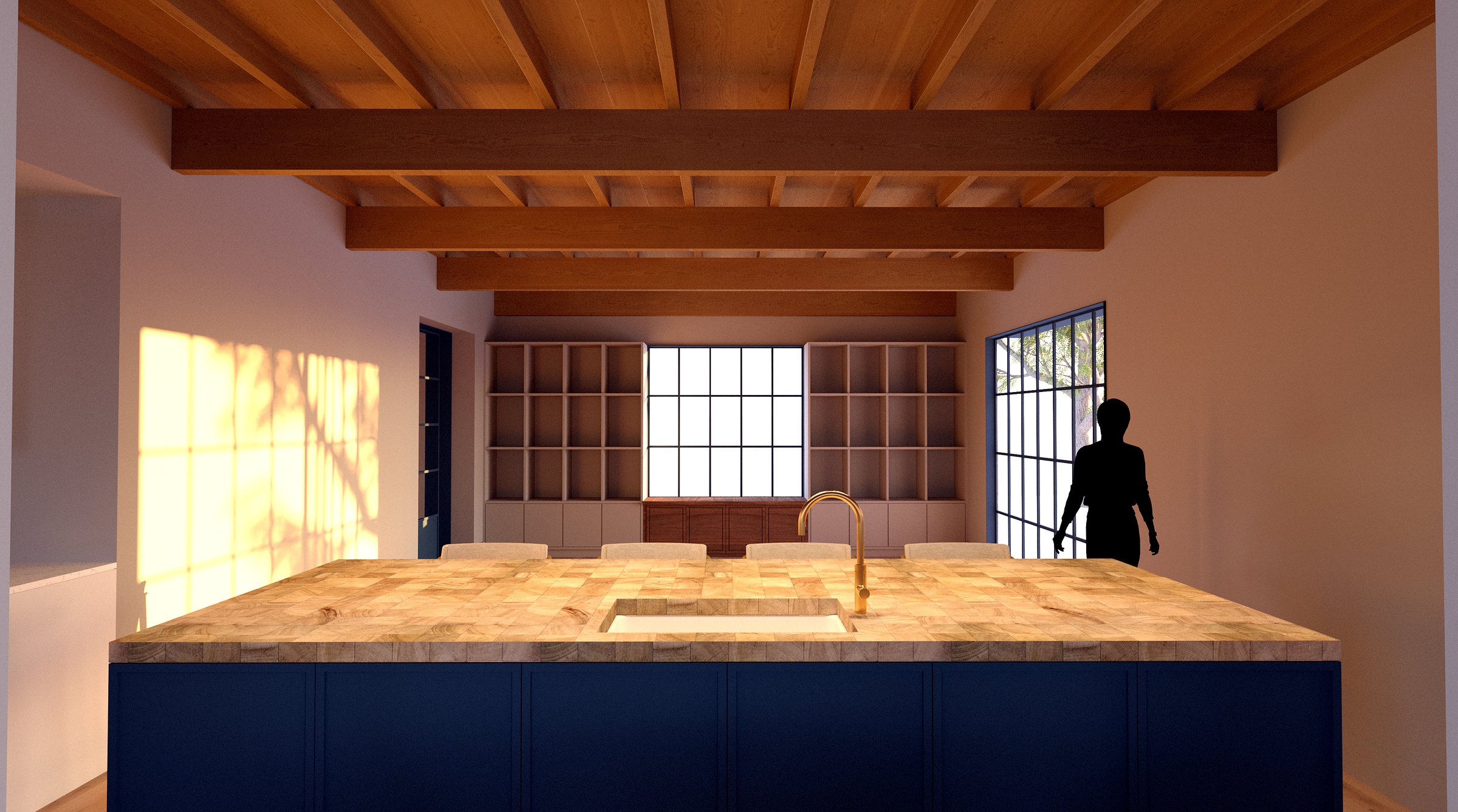 Lake House Interior — A lake house interior with a warm wood ceiling and generous glazing — structure arranged so nothing interrupts the view.