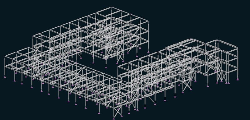 Analysis viewport: panoramic 3D model of a complete building steel frame with golden decks and blue shear panels