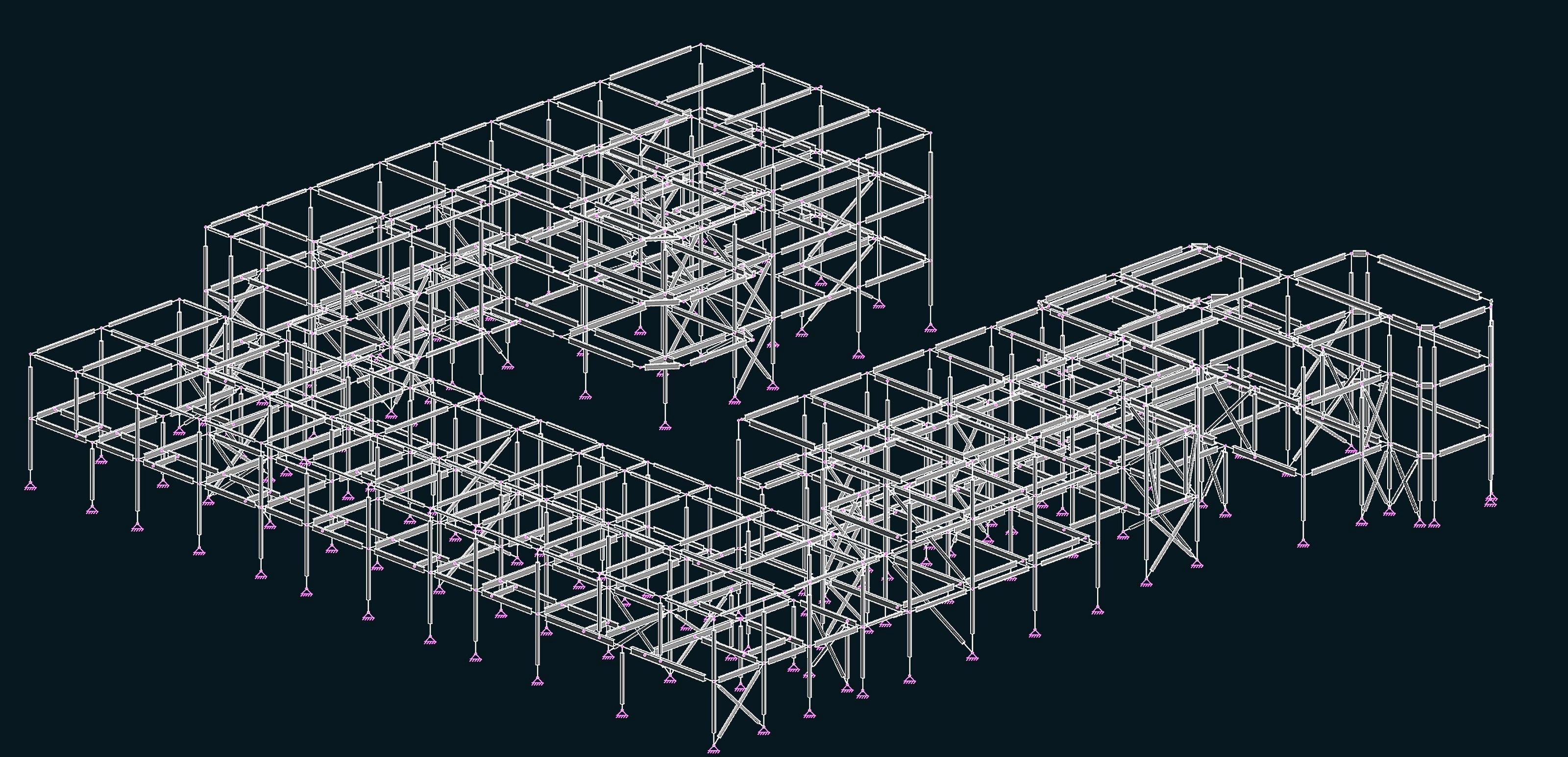 Dark analysis viewport: panoramic 3D model of a complete building steel frame with golden decks and blue shear panels