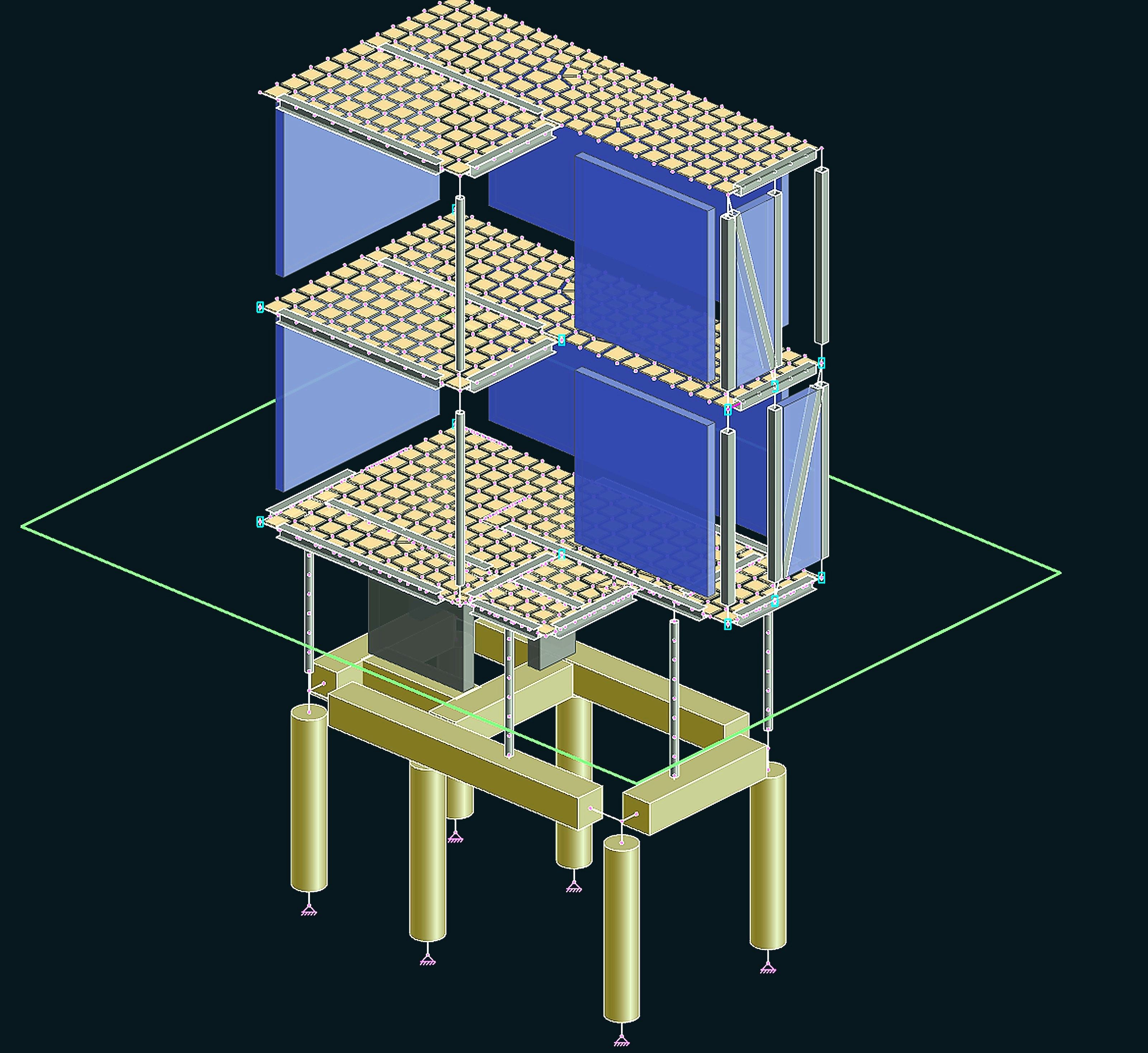 Dark analysis viewport: full-building 3D model under lateral loading, glowing above the ground plane