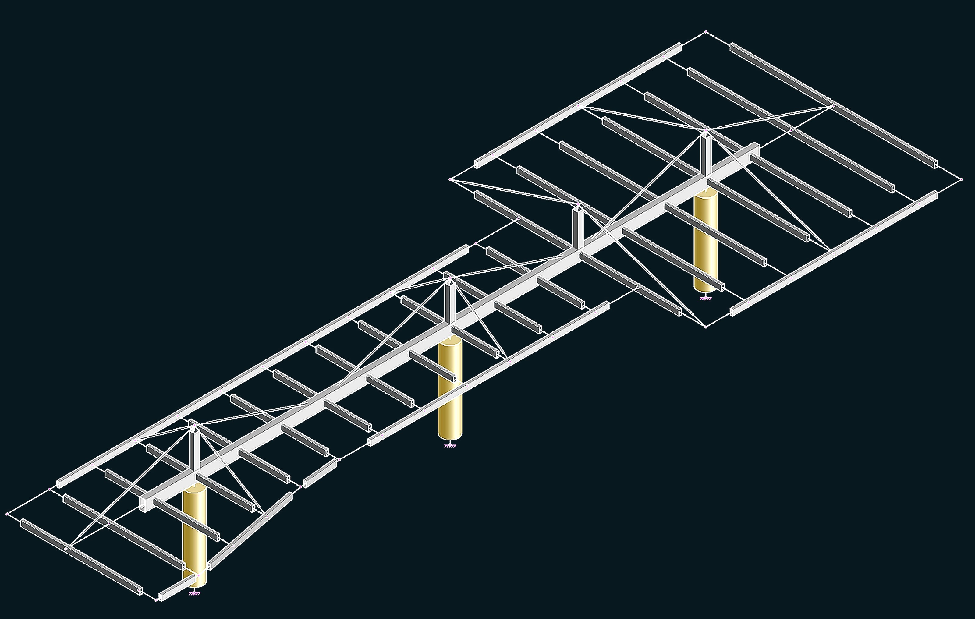 Dark analysis viewport: complete 3D structural model of a multi-story residence