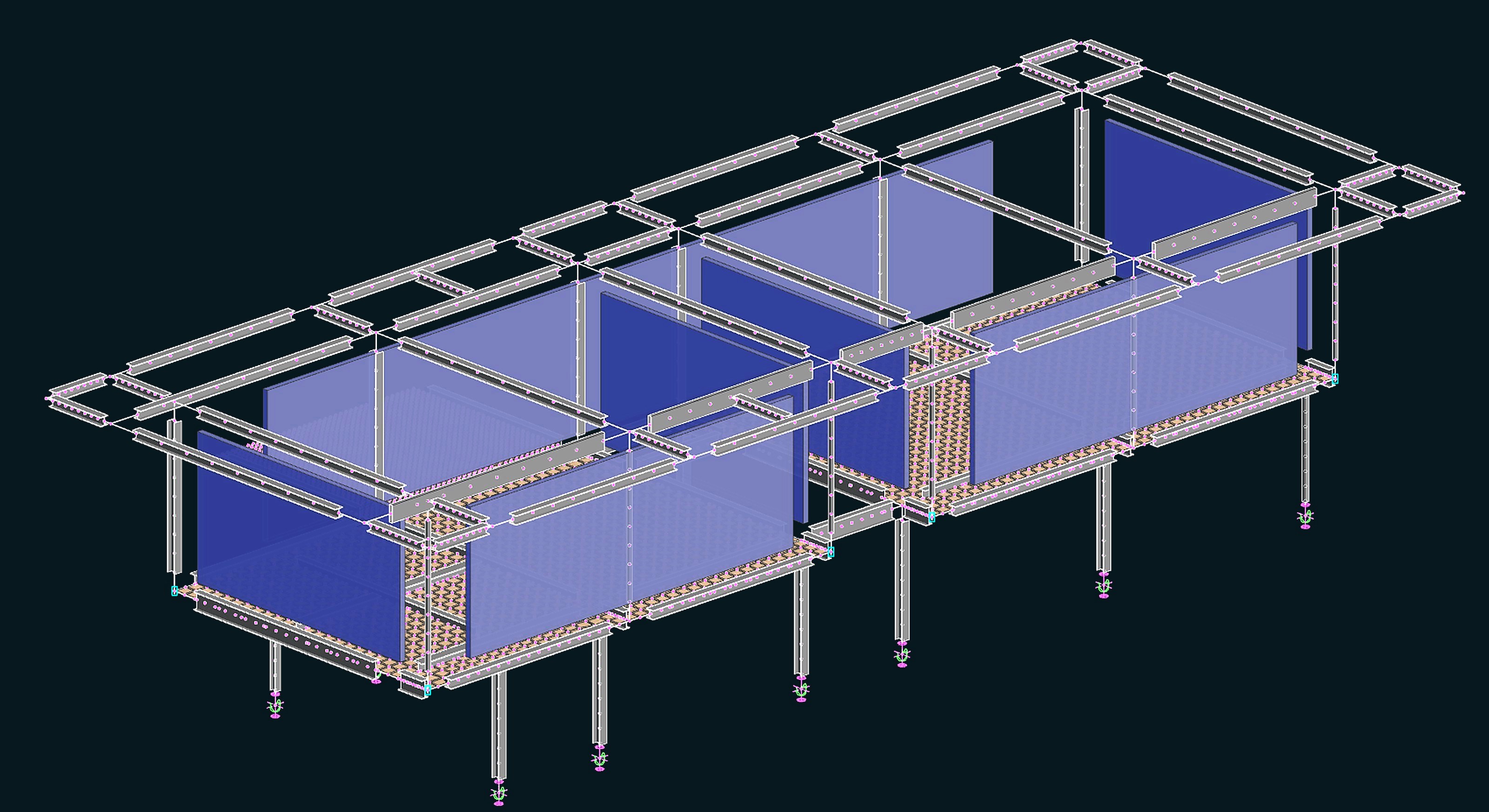 Dark analysis viewport: steel frame lateral system model with blue shear panels