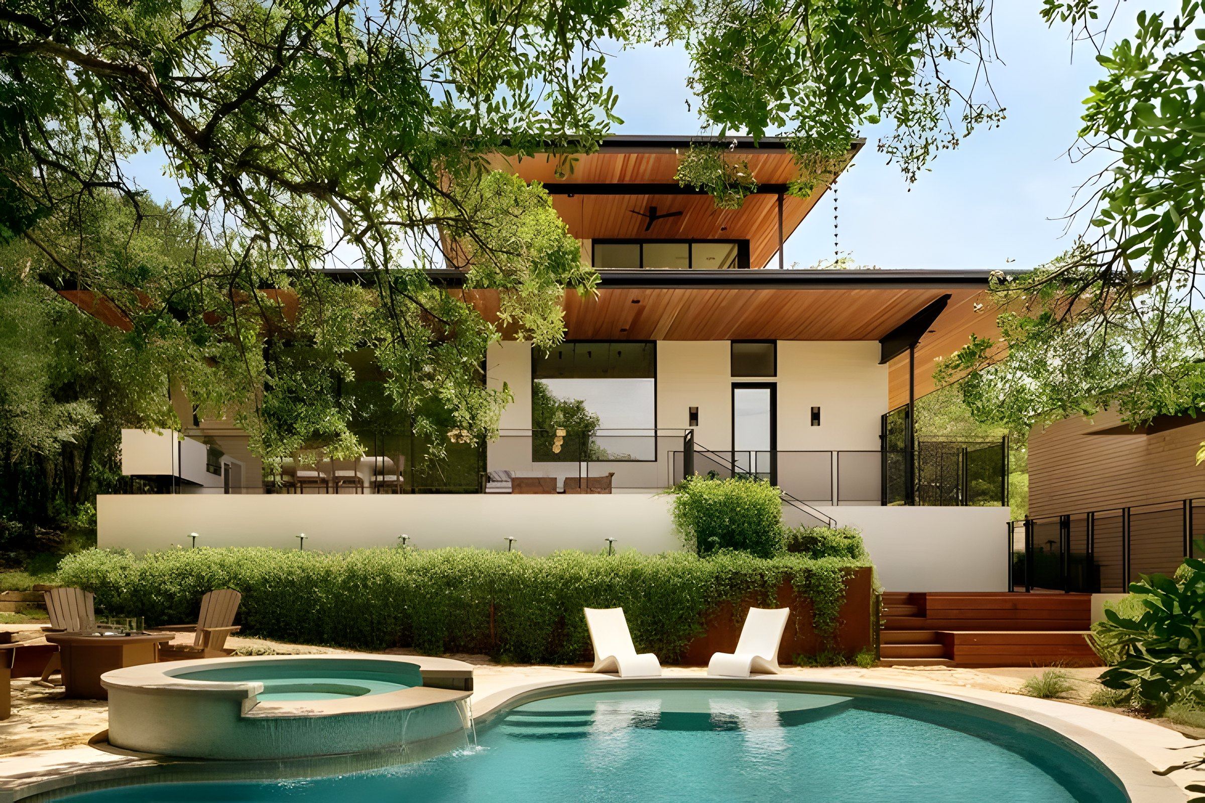 Side by Side — pool beneath a cantilevered roof, coXist Studio