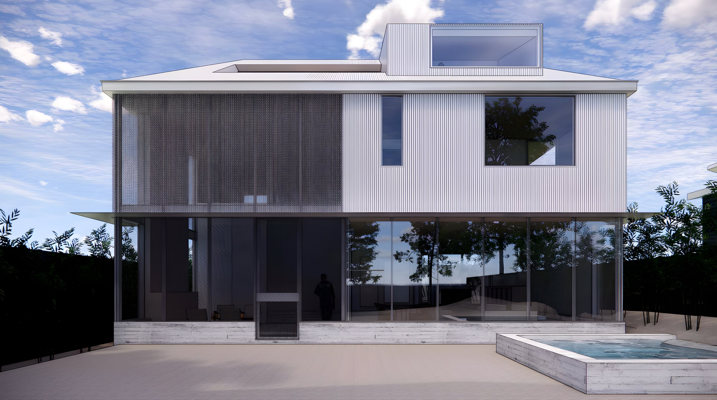 Singleton Residence — A white modern residence with a perforated mesh screen and spa — steel-and-glass construction with screen, structure, and shell engineered together.