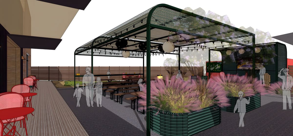 Tap-In Patio — A green steel trellis that shades the patio — light, planted, and engineered to feel effortless.