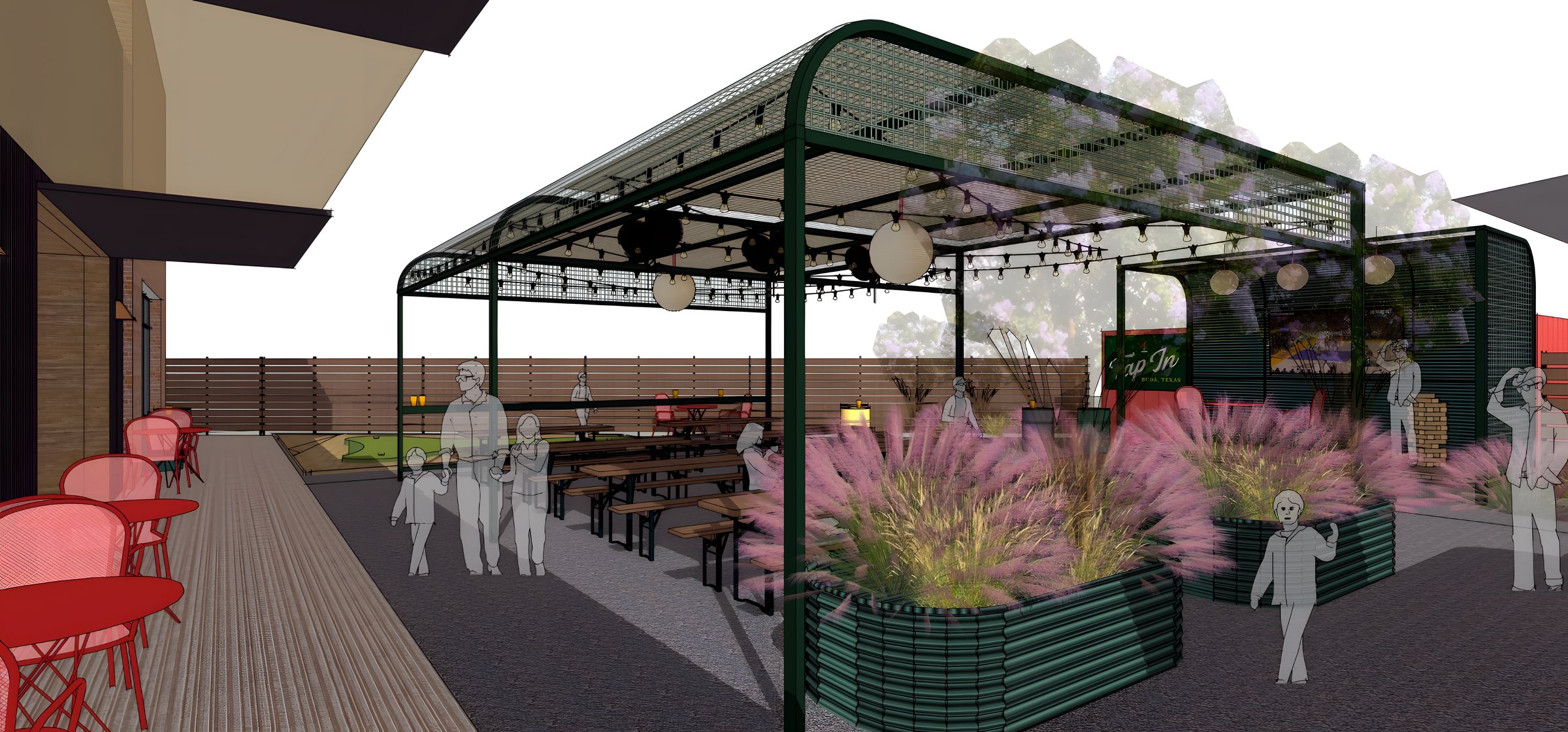 Tap-In Patio — green steel trellis shading a planted hospitality patio, rendering
