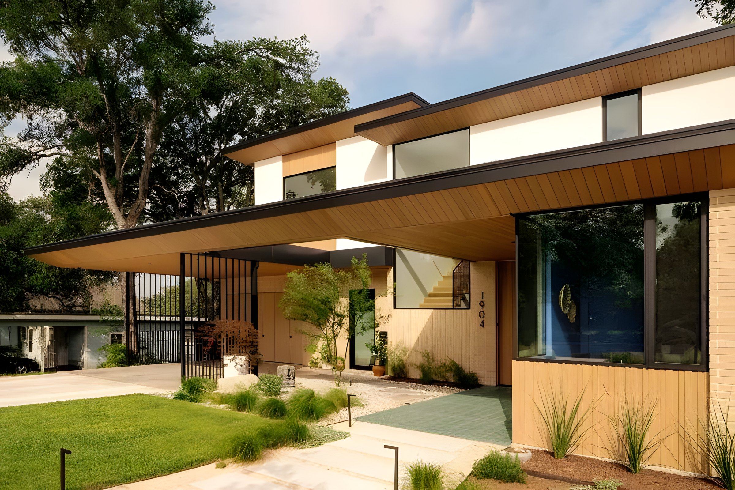 Warm modern residence with deep wood soffits in daylight