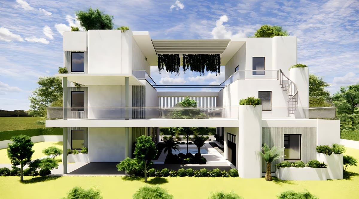 Walter Residence — Stacked white modern volumes around a courtyard, engineered so each level lands cleanly on the one below.