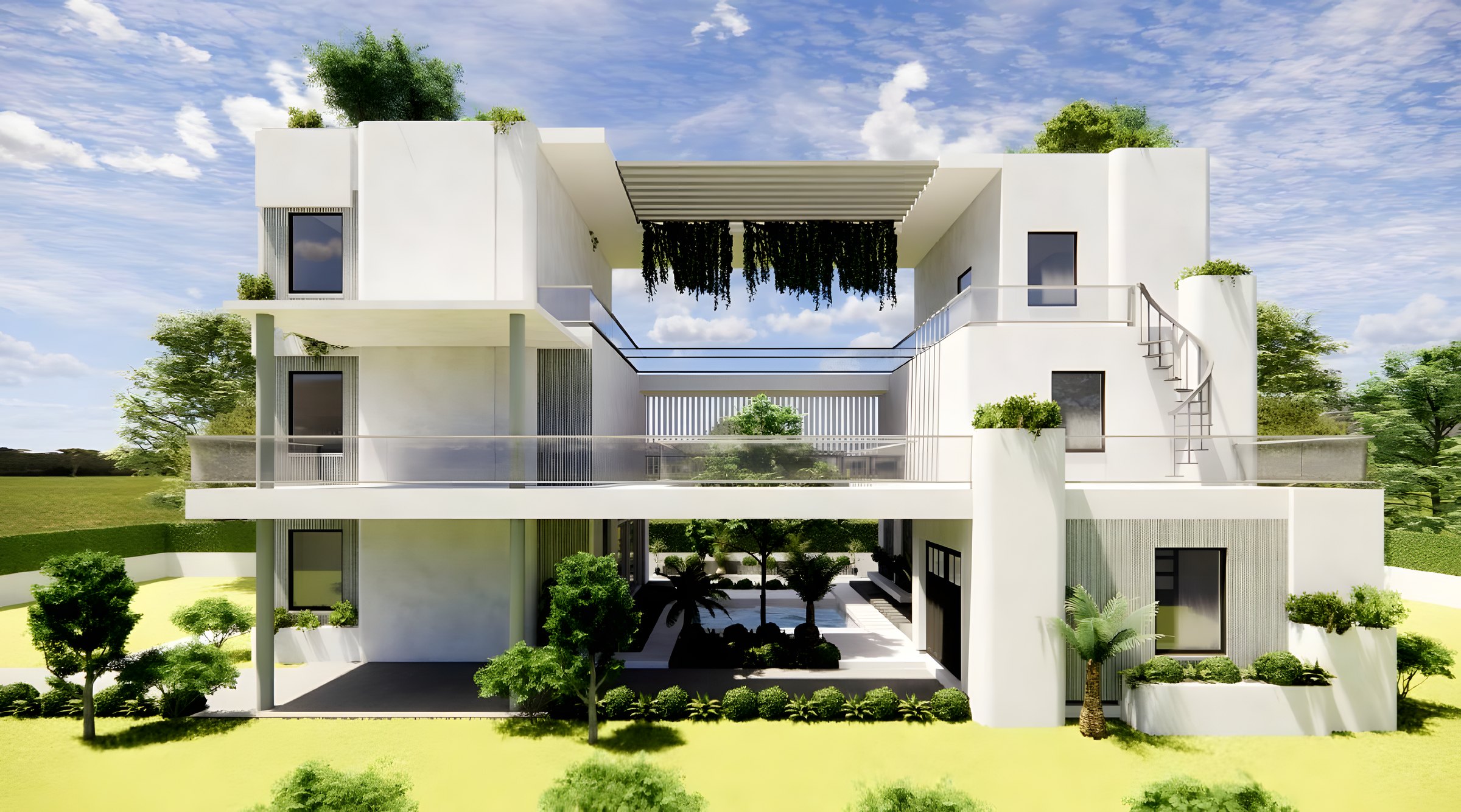 Walter Residence — Stacked white modern volumes around a courtyard, engineered so each level lands cleanly on the one below.