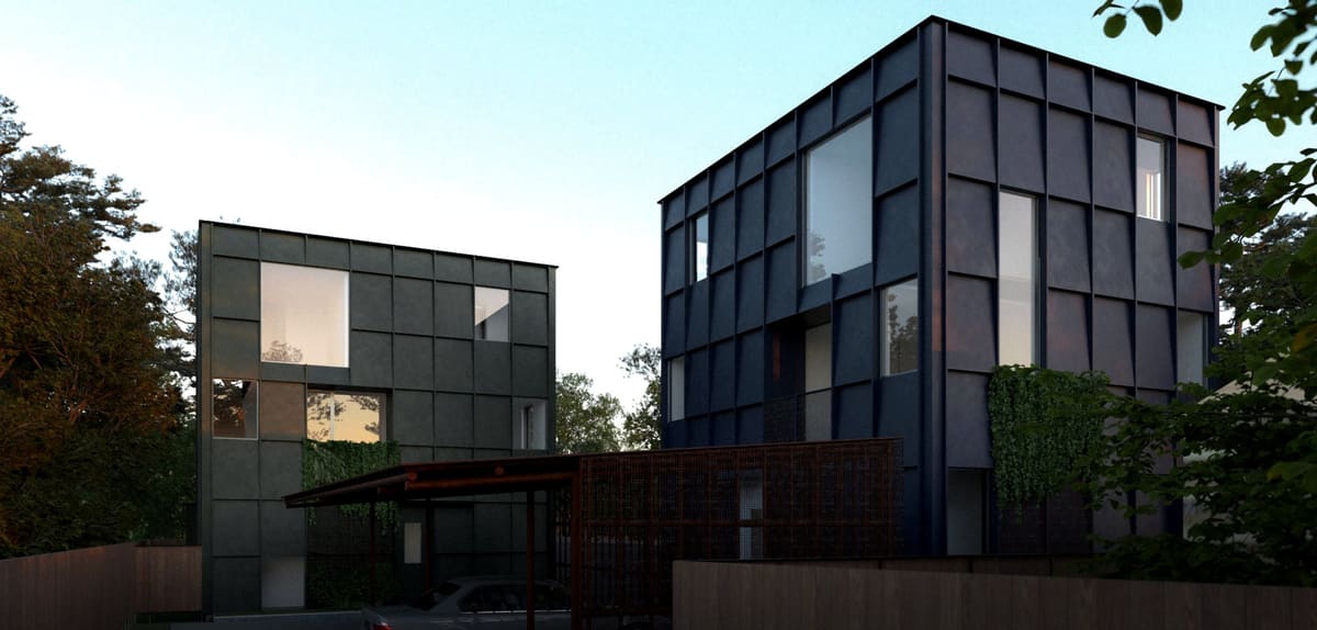 Woodrow — A black metal cube house set among mature trees, engineered to keep its minimal form crisp.